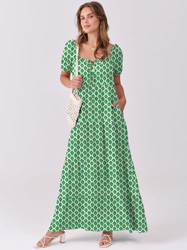 Image of ANRABESS Women's Boho Maxi Dresses 2025 Summer Casual Floral Puff Short Sleeve Tie Front Flowy Swing Tiered Long Beach Dress