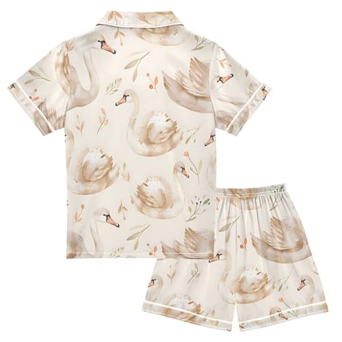 ALAZA Swan Flower Floral Pajamas Satin Pajama Set Short Sleeve Button Down Sleepwear2
