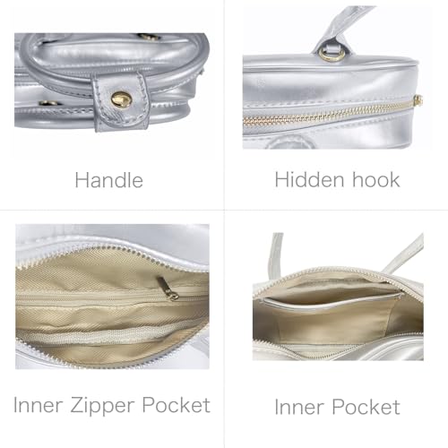 Silver Tote Bag for Women, Small Vegan Leather Shoulder Bag with Zipper, Elegant Evening Purse for Wedding Party3