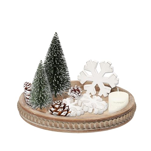 SOFE 16 Inches Round Wood Tray, Hand Crafted Beaded Farmhouse