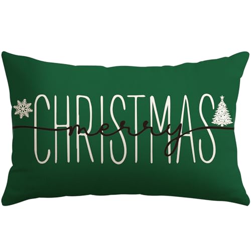 Image of JOTOM Christmas Cushion Cover 30x50 cm Merry Christmas Decor Green Throw Pillow Cover 12x20 Inch Winter Holiday Lumbar Cushion Case Decoration for Sofa Couch Bed (Green)