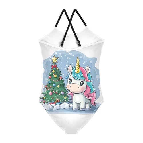 Bolaz Girls Swimsuits One-Piece Bathing Suits Multicolor Kids Sport Summer Beach Swimwear for 3-10 Years Old-Cartoon Unicorn Christmas Tree2