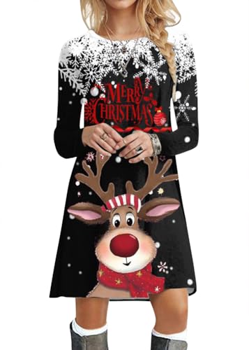 ORANDESIGNE Kleid Weihnachten Damen Festlich A Linie Cocktailkleid Langarm Swing Weihnachtskleid Mit Motiv Tunika Kleider Knielang Party Weihnachten...
