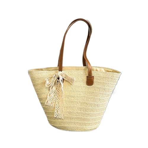 Sac de plage tressé en paille pour femme avec grande pochette et poignée supérieure voyage