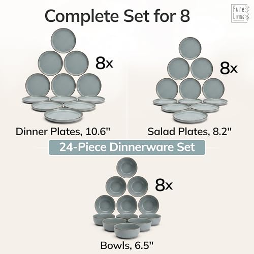 Image of Stoneware dinnerware set 8 persons Rustic 24 pcs - Rustic design dinnerware set, dishwasher safe - Bowl and plate set - Pure Living dinnerware in smoky blue