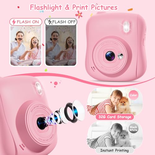 Miniatura 6 de Hangrui Camara Fotos Infantil Instantanea, 1080p Camara Fotos Infantil, Cámara Instantánea Para Niños Con Tarjeta De 32gb,Papel De Impresión Y Bolígrafos De Colores, Regalos Juguete-Rosa