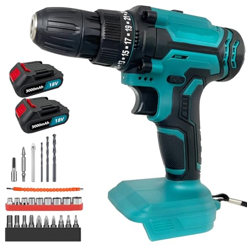 Cordless Drill Driver 18V/21V, for Makita 2X 3.0AH Battery, Electric Screwdriver Set with 26pcs DIY Accessory Kit, 2 Speed, 25+3 Position, for Home DIY