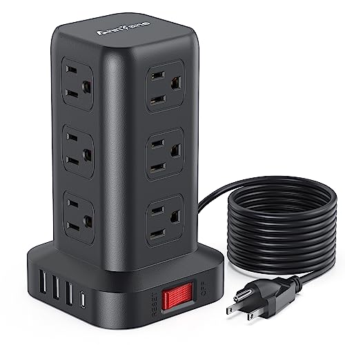 Anntane Surge Protector Power Strip 10 Ft Cord, Power Strip Tower With 4 Usb Ports (1Usb C), Extension Cord With 12 Ac Multiple Outlets, Home Office Supplies Desk Accessories, Dorm Room Essentials #TOP8