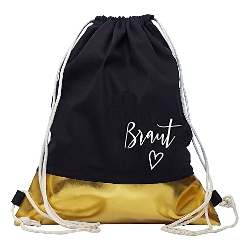 Partybob JGA Turnbeutel Rucksack - Braut Beutel mit PU-Borte (Schwarz-Gold) Cover