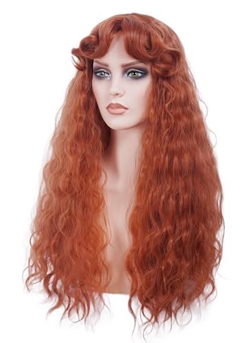 Gerulyss Long Ginger Wig for Women Retro Copper Red Curly Wig with bangs Auburn Vintage Wig for Halloween Daily Use