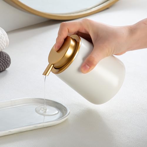 Image of Enra Ceramic Soap Dispenser, 12 Oz Wide-Mouth Hand Lotion Dispenser with Gold Pump, White Refillable Dish Soap Dispenser for Kitchen & Bathroom Countertop Decor