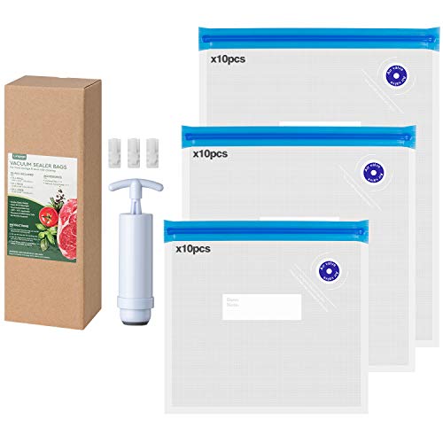 Lungogo Kit de Bolsas con Zip al Vacío para Alimentos (3 tamaños) con bomba de mano, Bolsa de Congelador Reutilizable para Mariscos, Carne, Cereales