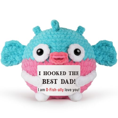 WELLBANEE Mini Funny Christmas Dad Gifts from Daughter Son Wife, Birthday Gifts for New Step Bonus Dad Father Daddy Presents, Handmade Emotional I Love You Dads Crochet Puffer Fish