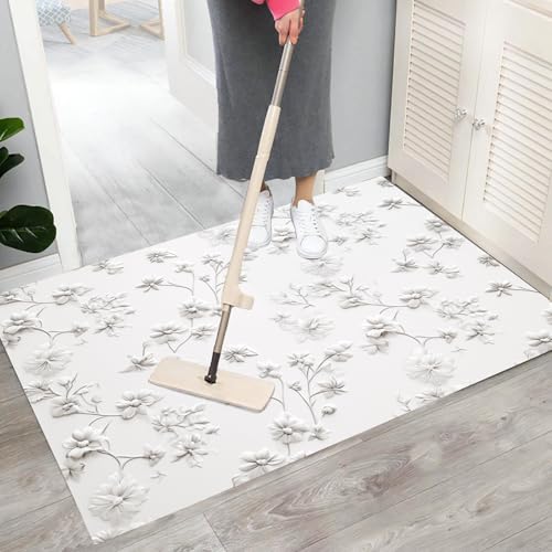 Paillasson Intérieur 60x90cm Fleurs Beige Gris Tapis d'Entrée Absorbant