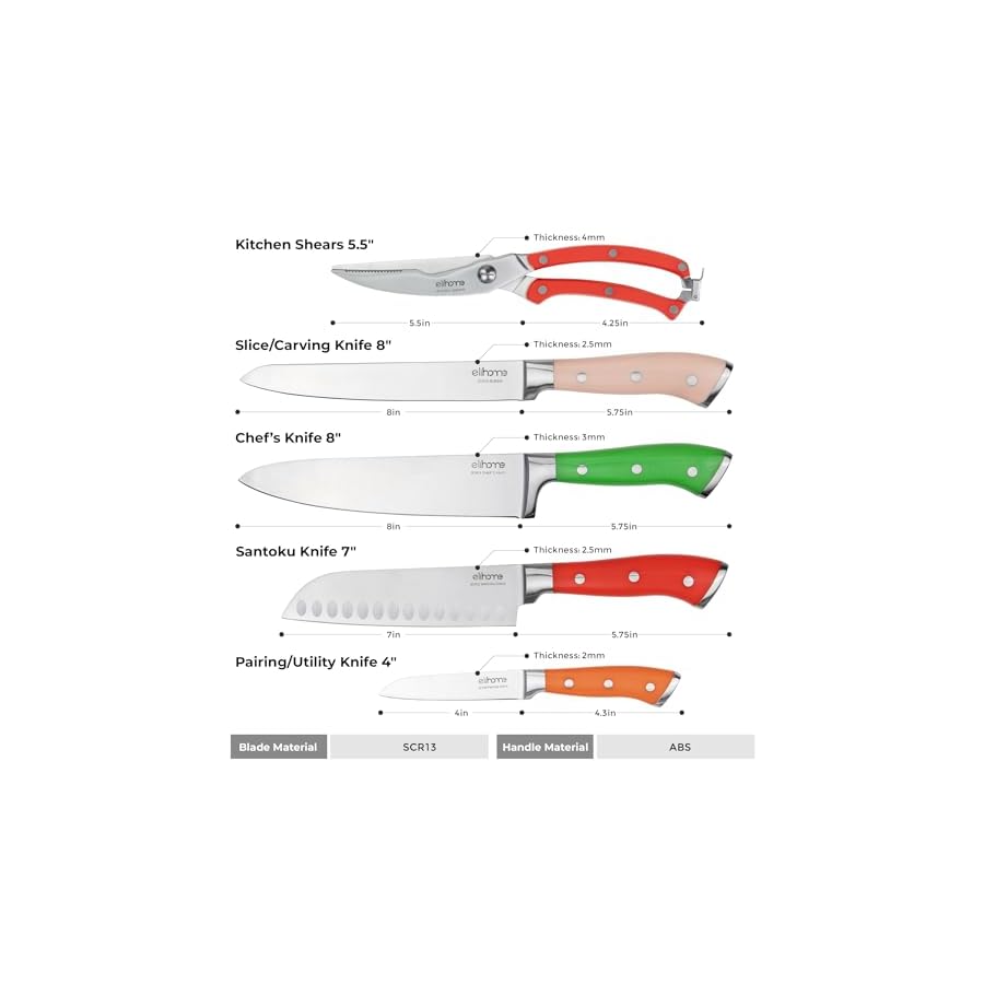 Elihome 5 Piece Professional Kitchen Knife Set, Premium Stainless Steel Ultra Sharp Knives Set for Kitchen, Ergonomic Colorful Handle, Home Cooking, Perfect Cutlery Set Gift, without Block