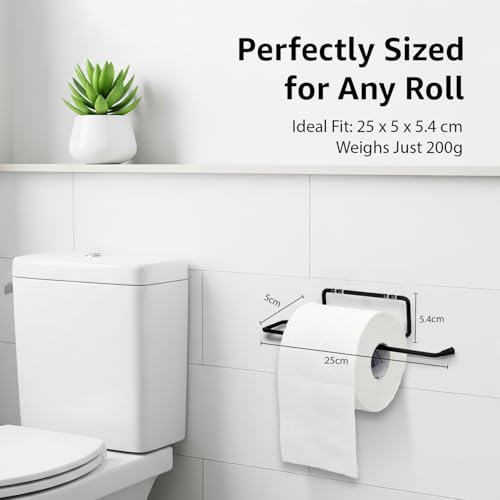 Image of Amazon Basics Self-Adhesive Toilet Paper Holder | Wall-Mounted Bathroom Tissue Roll Hanger | Rust Proof GI Steel with Powder-Coated Black Finish | 24.8L X 5.47W x 4.8H cm, Pack of 1