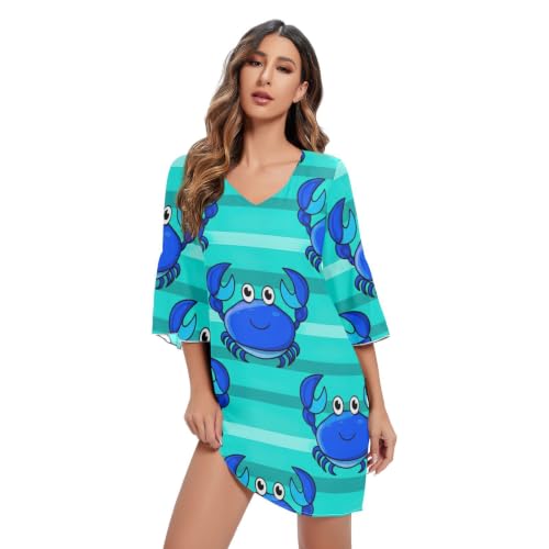 Robe de plage à manches 3/4 bleu crabe avec col en V fluide