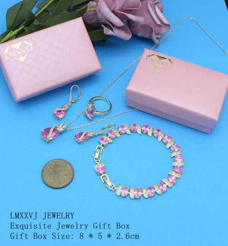LMXXVJ Sparkly Pink Cubic Zirconia Jewelry Set For Women,18k Yellow Gold Plated Necklace Ring Earrings Bracelet Costume Jewelry Set Gift by LMXXVJ - Used condition - Image 4