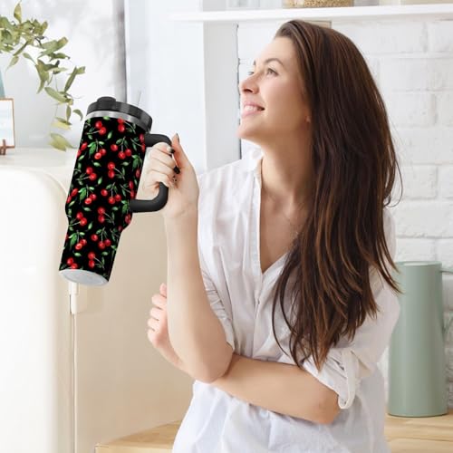 Selerdon 40 oz Tumbler Cherry Fruit with Handle and Straw Lid Vacuum Stainless Steel Insulated Water Bottle Travel Mug Car Cup Holder Friendly for Gym Travel Office by Selerdon - Image 6