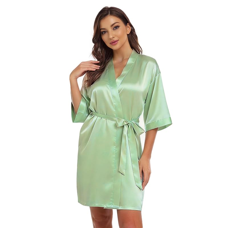 Image of Women's Bride Bridesmaid Robes Short Satin One Size Silver Rhinestones Wedding Party Getting Ready Sleepwear
