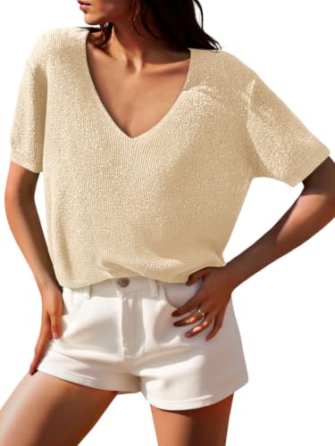 Image of Saodimallsu Womens Short Sleeve Sweater Summer V Neck Casual Tops Lightweight Loose Knit Pullover Shirts