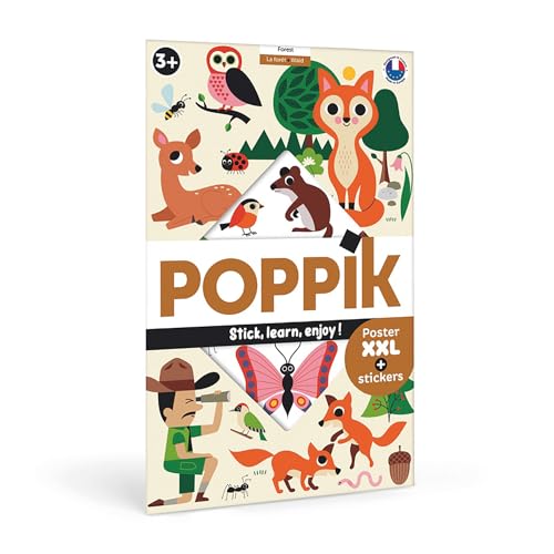 POPPIK 1841224 Bosque Interactivo Aprendizaje con Pegatinas Póster Plurilingüe Animales para Niños a Partir de 3 años 68x100cm, Color weiß, 68 x 100 cm