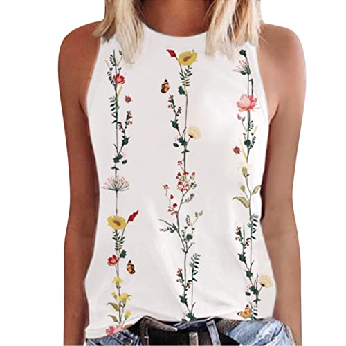 Tunique Tee Shirt Top Femmes été Mode col Rond imprimé débardeur décontracté sans Manches débardeur Habillage Pluie Universelle pour Poussette (White, L)