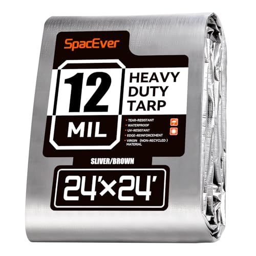 Spacever Tarp Heavy Duty 24x24 FT 12 Mil Thick Large Tarps Water-Proof with Grommets UV& Tear Resistant Plastic Cover for Pool Roof Tent Outdoor Firewood Silver& Brown