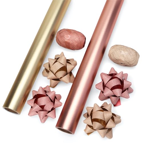 Ribbli Birthday Wrapping Paper Set Mothers Day 2 Rolls Rose Gold and Gold Metallic Matte Solid Color Paper with Curling Ribbon and Gift Bow for Girl Christmas Mini Roll 17 Inch x 197 Inch(16 Feet) Per roll