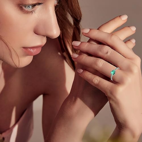 925 Sterling Silver Half Eternity Band Ring for Women - Emerald/Sapphire Cubic Zirconia Thin Stackable Birthstone Stacking Rings Size 5-104