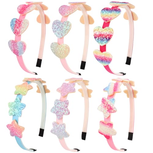 DRESHOW 6 Pack Diademas Con Lazo para Niñas Diadema con Purpurina para Niños Diadema Corazón Estrella para Niños Adolescentes