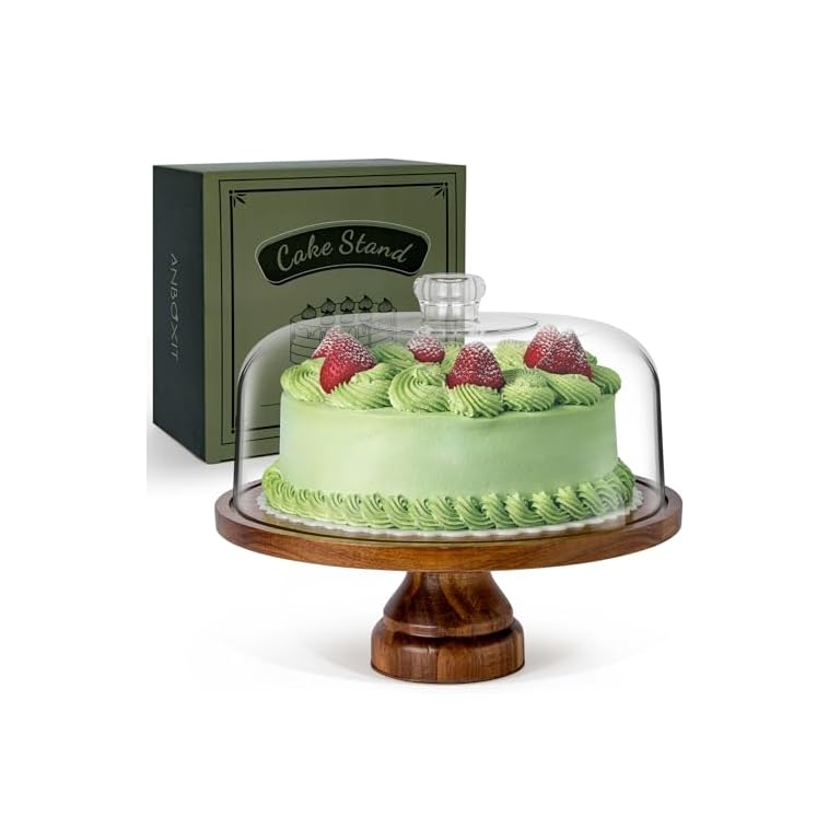 Cake Stand with Dome Lid, Acacia Wood Cake Plate with Cover, Wooden Cake Display Stand with Acrylic Dome - Footed