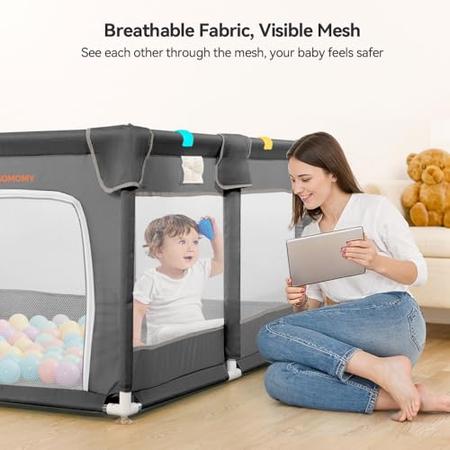Image of COMOMY Playpens for Babies and Toddlers, Small Baby Play Pens, Activity Center for Baby Safe and Non-Slip Baby Fence, Full Mesh Design, Indoor & Outdoor Kids Activity Center (Dark Grey, 50 inchx50 inch)