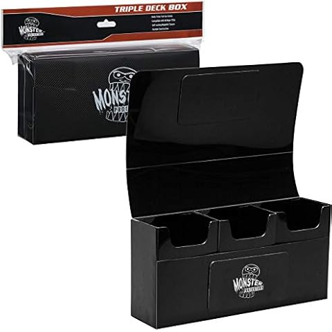 Monster Protectors Magnetic Triple Deck Box - Black, Holds 225 Gaming TCGs, Self-locking Closure, Compatible w Standard & Smaller Size Gaming Trading Cards, Removable Construction, Gift Cover