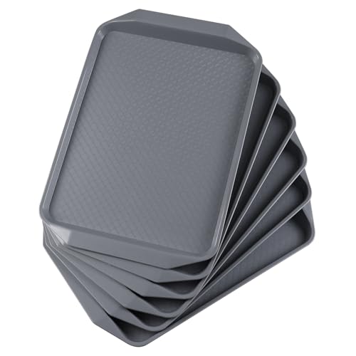 Vareone Set of 6 Anti Slip Food Serving Trays with Handles, Plastic Trays for Eating Dinner & Drinks (Grey)