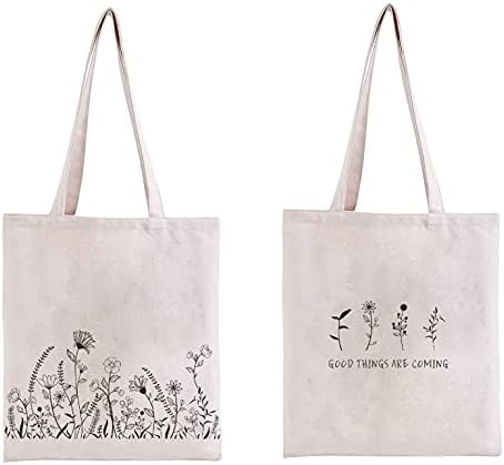Kazova Floral Cotton Canvas Tote Bag Minimalist Bouquet Tote Bag Reusable Canvas Shopping Grocery Bags Wildflower Botanical Boho Gift for Women (Black)