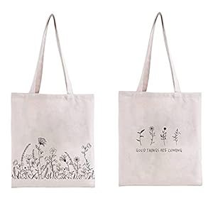 Kazova Floral Cotton Canvas Tote Bag Minimalist Flowers Tote Bag Reusable Canvas Shopping Grocery Bags Wildflower Botanical Tote Bag Aesthetic Tote Bag