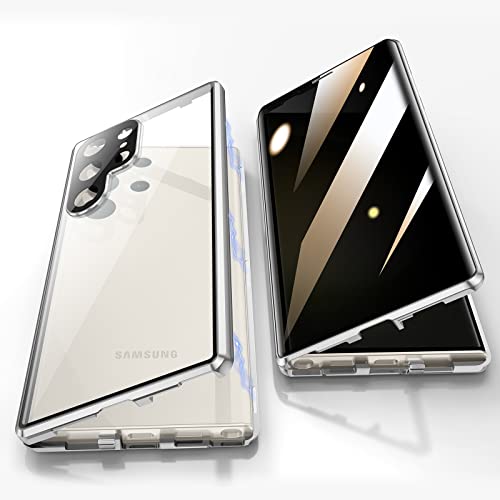 Anti Peeping Cover per Samsung Galaxy S23 Ultra 360 Gradi Protezione Case Privacy Vetro Temperato Anti SPY Custodia Adsorbimento Magnetico Bumper Metallo Frame per S23 argento