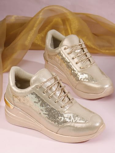 Image of Vendoz Women Wedding & Party Casual High Heel Sneakers I Cushioned Insole I Glittery & Embellished Bridal Wear I Lightweight and Stylish Shoes for Girls CNV7065