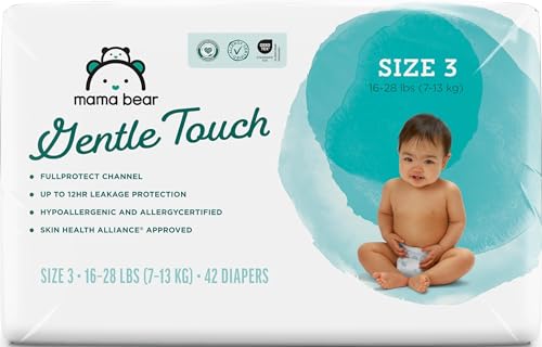 Image of Amazon Brand - Mama Bear Gentle Touch Baby Diapers, Size 3, 42 Count, Wetness Indicator, Stretchy Waistband, Skin Health Alliance Approved