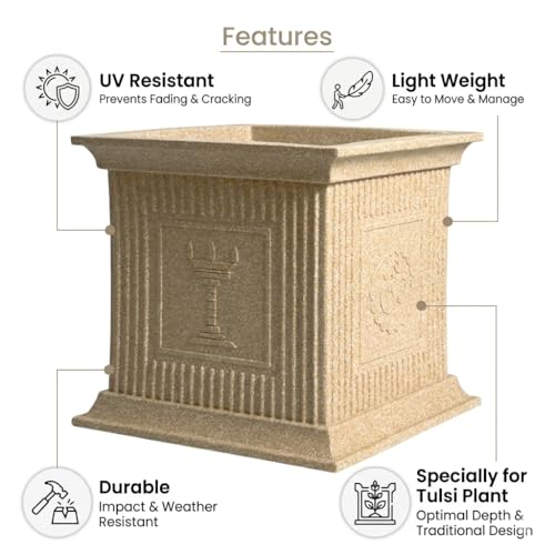 Image of Harshdeep Tulsi Pot for Home - Indoor Outdoor Balcony Terrace Garden Decorative 12 Inch Durable Lightweight UV Resistant Roto Planter (Cream Stone)