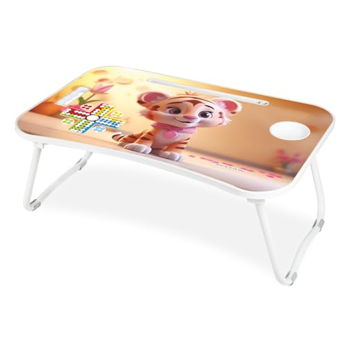 Image of Amazon Brand - Jam & Honey Foldable Laptop Table for Kids 4+ Years, Portable Study Bed Desk with Cup Holder, Tablet Stand & Ludo Game, Cute Lion Design, BIS Certified Child Safe
