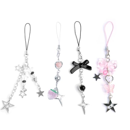 Ruittos 4PCS Cute Phone Charms Aesthetic Y2K Cellphone Charms Strap Pink Strawberry Butterfly Star Charm Y2K Accessories for Phone Bag Keychain Airpods Camera Pendants Decor (Style 1, 4)
