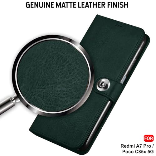 Image of TheGiftKart Genuine Leather Finish Flip Back Cover Case for Mi Redmi A7 Pro /Poco C85x 5G / C81 | Inbuilt Pockets & Stand | Designer Button Magnet Flip Back Cover Case (Faux Leather, Green)