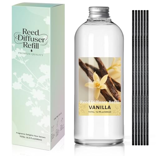 SCENTORINI Reed Diffuser Oil Refill, 16.9oz Natural Vanilla Scented Essential Oil with 6 Sticks,