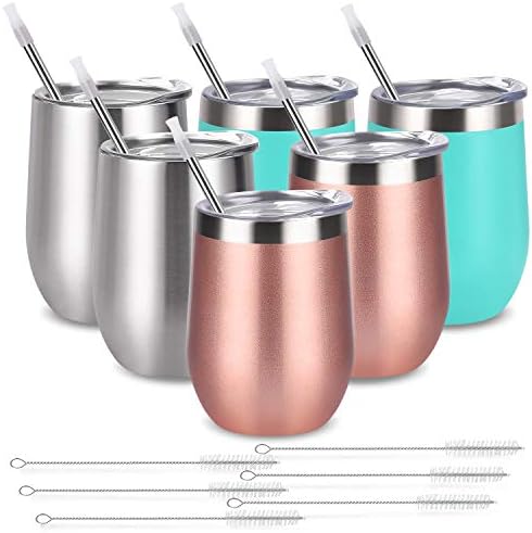 6 Pack 12Oz Stainless Steel Stemless Wine Tumbler Wine Glasses Set with Lid and Straws Set of 6 for Coffee, Wine, Cocktails, Ice Cream, Picnic Camping Party or Family Daily Use
