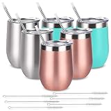 6 Pack 12Oz Stainless Steel Stemless Wine Tumbler Wine Glasses Set with Lid and Straws Set of 6 for