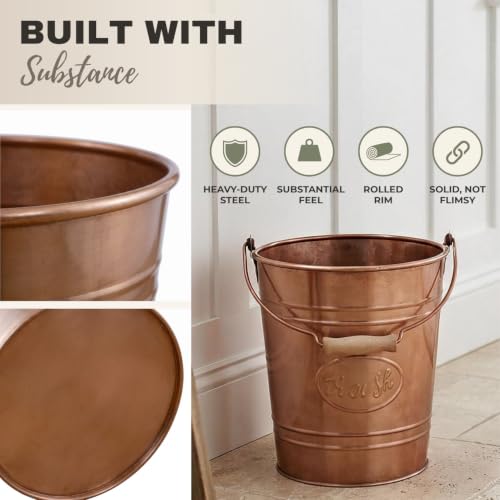 Image of Autumn Alley Western Bathroom Trash Can - Metal Trash Can Bucket with Wooden Handle for Rustic Bathroom, Bedroom, Office, Kitchen, Country Home Decor, 7 Liter, Copper Tone