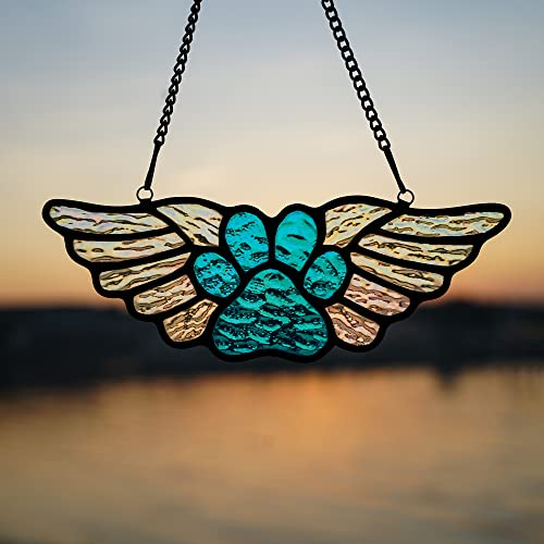 Haosum Dog Paw Ornament Stained Glass Window Hanging Pet Memorial Ornament Paw Print Angel Pet Loss Keepsake (Blue, 2.4"×6.9") #TOP2