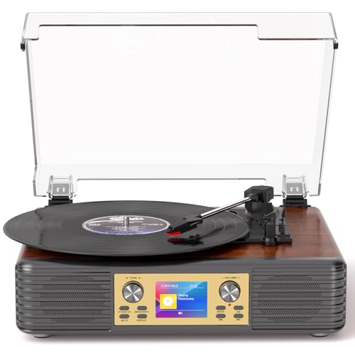 Bluetooth Record Player with Built-in Speakers, USB to PC Recording, 3-Speed Belt-Drive Vintage Turntable with AUX/RCA Output, Brown Wood Grain Retro Vinyl Player for Home Entertainment Gift